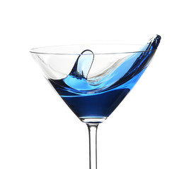 Blue cocktail with splash on white background
