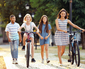 Friends riding bicycles and walking in the park