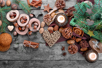 Christmas composition of natural decor on wooden background