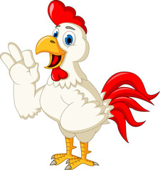 Happy cartoon rooster pointing