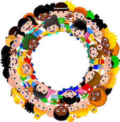 Circle of happy children of different races