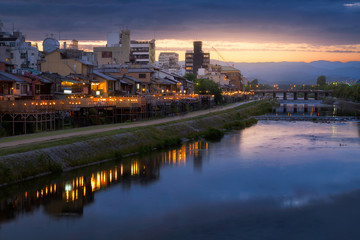 Kamogawa river nearby Gion in sunset