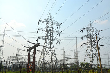 Electricity station towers and transformers supplies electricity to rural villages and towns in Chennai, India.