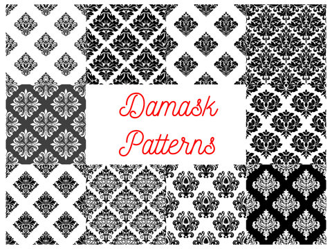 Stylized floral damask seamless patterns