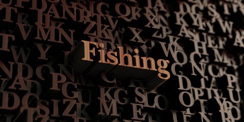 Fishing - Wooden 3D rendered letters/message.  Can be used for an online banner ad or a print postcard.