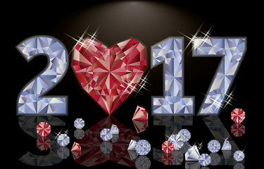 Ruby heart and diamond new year 2017, vector illustration