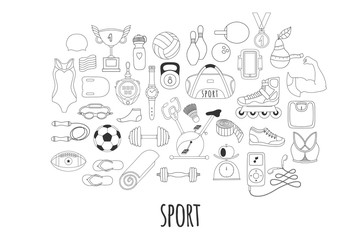 Fototapeta na wymiar Hand drawn vector fitness and sport doodle icons set