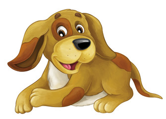 Cartoon happy dog is lying down - resting smiling and looking - artistic style - isolated - illustration for children