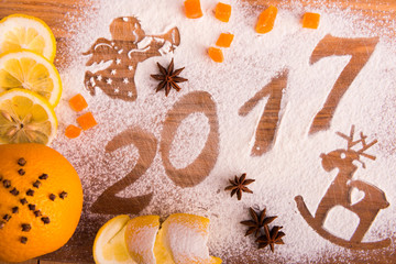 2017 inscription of flour on wooden Board