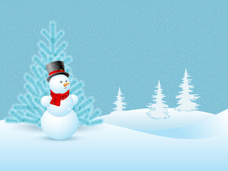 Snowman on the background of the Christmas tree and winter snow landscape. 