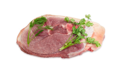 Uncooked pork from the hind leg with cilantro and dill
