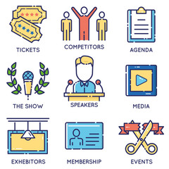 Vector modern stylish flat linear icons set of event management, event service and special event organization for app and web design navigation - part 1