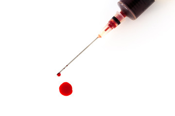 close up of the hypodermic needle and injector with blood drop