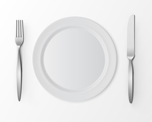 Vector White Empty Flat Round Plate with Fork and Knife Top View Isolated on White Background. Table Setting