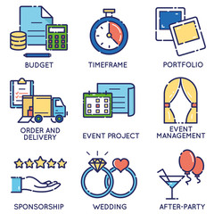 Vector modern stylish flat linear icons set of event management, event service and special event organization for app and web design navigation - part 2