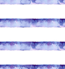 Seamless pattern with blue and purple horizontal stripes painted in watercolor on white isolated background