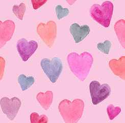 Seamless pattern with pink, purple and grey hearts painted in watercolor on pale pink isolated background
