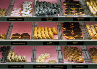 A selection of doughnuts available for sale.