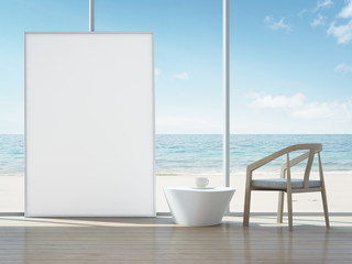 Fototapeta na wymiar White picture frame in sea view interior of modern home - 3d rendering