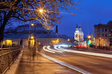 Night traffic and Panteleimonovskaya churcht, Saint Petersburg, Russia