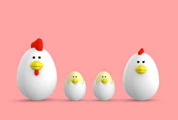 玉子　鶏　家族　3D illustration