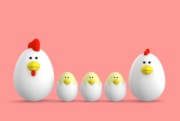 玉子　鶏　家族　3D illustration