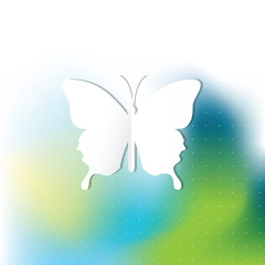 Obraz na płótnie Canvas White paper butterfly on modern blue and green abstract background.