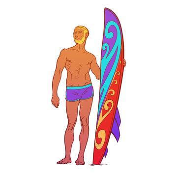Summer water sport activities. Athletic shaped surfer wearing swimming brefs with decorated surfboard. Front view. Hand drawn painted sketch isolated on white background. EPS10 vector illustration.