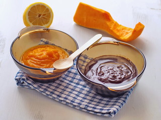 Cooking process. Preparing pumpkin pie with chocolate.