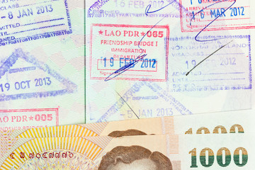 Fototapeta na wymiar part of Thai banknote on opening passport with copy space