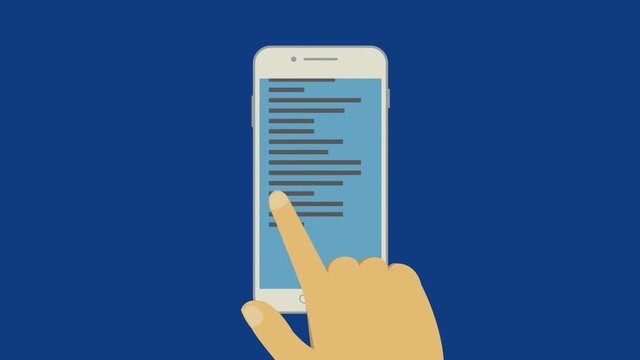 Hand scrollt Text auf smartphone Touchscreen