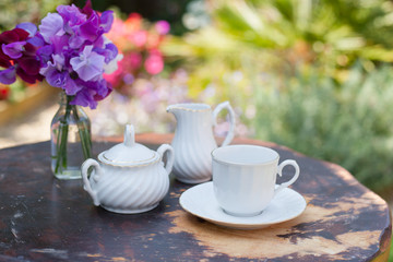 Empty cup and saucer with sugar and milk jug and sweet peas on the dark rustic table in the garden, selective focus
