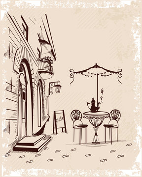 Series of backgrounds decorated with old town views and street cafes. Hand drawn Vector Illustration.