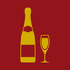 Icono plano botella y copa champan sobre fondo granate