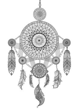 Lineart design of beautiful unique dream catcher for illustration and adult coloring book pages - Stock Vector