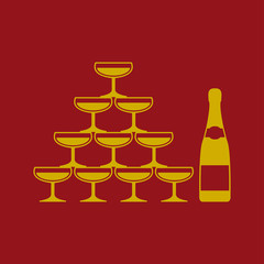 .Icono plano piramide copas champan y botella sobre fondo granate