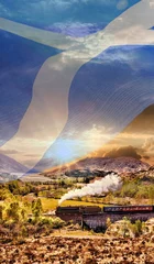 Aluminium Prints Glenfinnan Viaduc Glenfinnan Railway Viaduct in Scotland with the Jacobite steam train with scottish flag