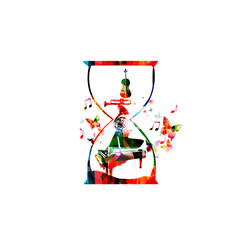 Music template vector illustration, colorful music instruments, piano, french horn, trumpet, violoncello background. Music poster, brochure, banner, flyer, concert, music festival, music shop design 