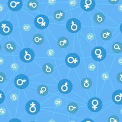 Seamless pattern with female and male characters on a blue background
