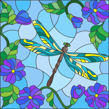 Illustration in stained glass style with bright dragonfly against the sky, foliage and flowers