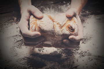 Bakery concept background. Hands hold bread loaf