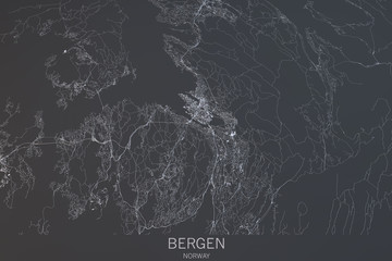 Cartina di Bergen, vista satellitare, città, Norvegia. 3d rendering