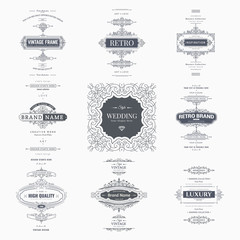 Set of creative vector templates for logos, label or banners on the theme of quality and business in vintage style. Flourishes calligraphic elements. Design frame and page decor - obrazy, fototapety, plakaty