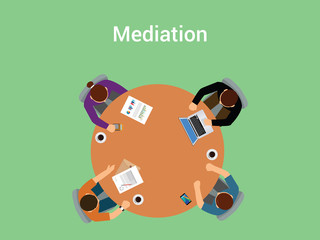 mediation illustration concept a member team or people with mediator negotiate about something on table  desk view from top - obrazy, fototapety, plakaty