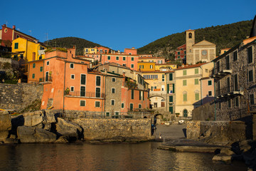 View of small sea village Tellaro near Lerici, La Spezia, Liguria,  Italy, Europe