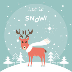 Fototapeta premium Cute Deer in the Winter Forest Christmas Card