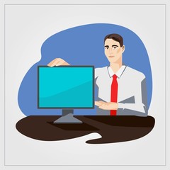 Fototapeta na wymiar Flat vector illustration with man showing monitor in office