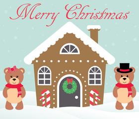 christmas house with cartoon bears and text