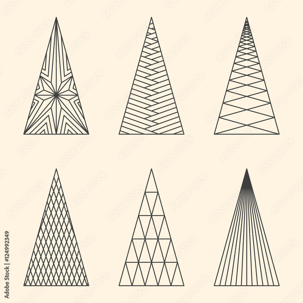 Canvas Prints Set of linear graphic stylized Christmas trees on beige backgrou