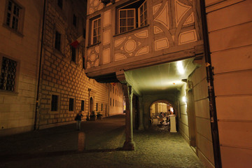 lit walkway at night